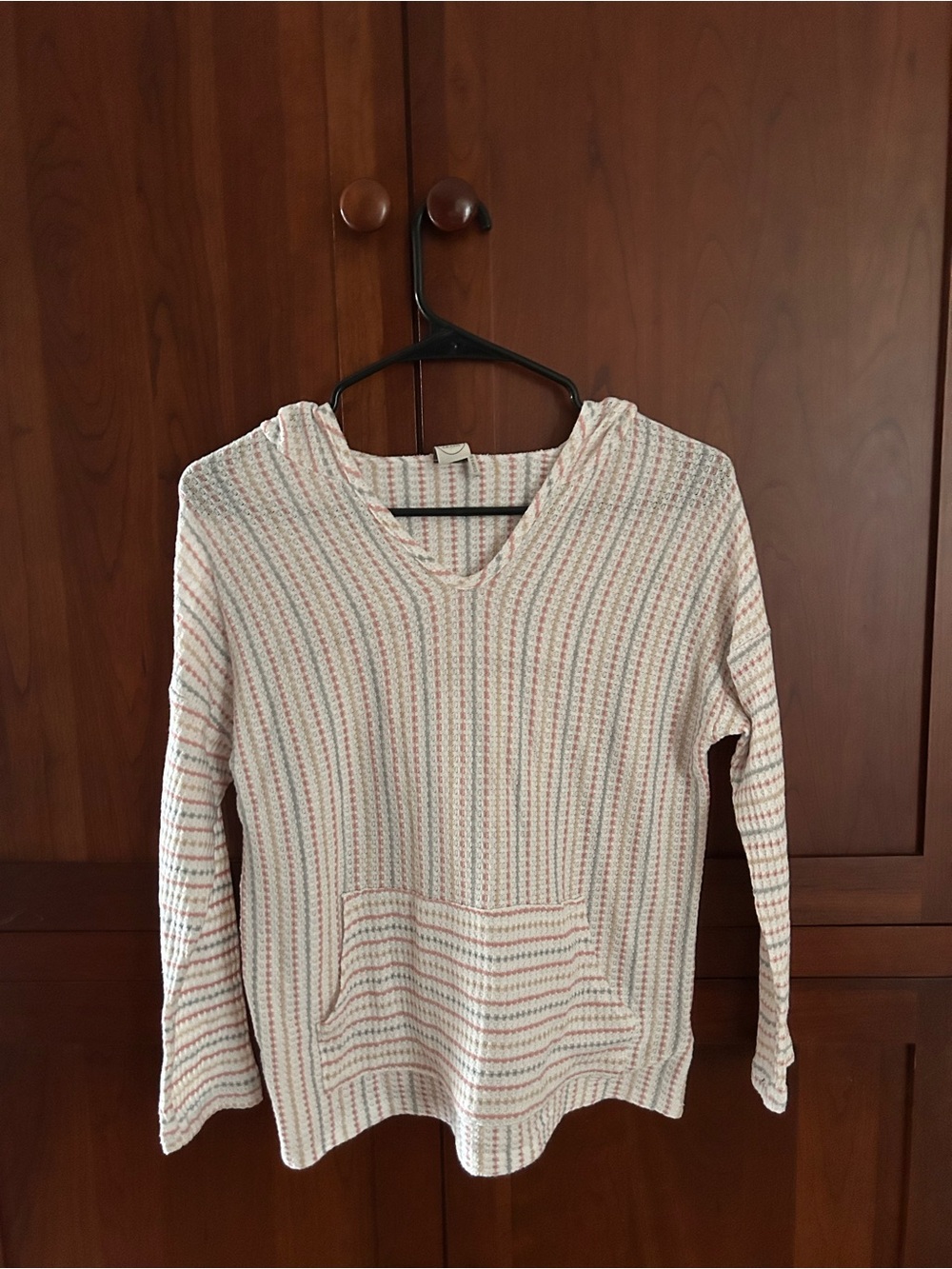 Paper Crane Cream Thin Hoodie with Coral, Grey, and Cream Stripes